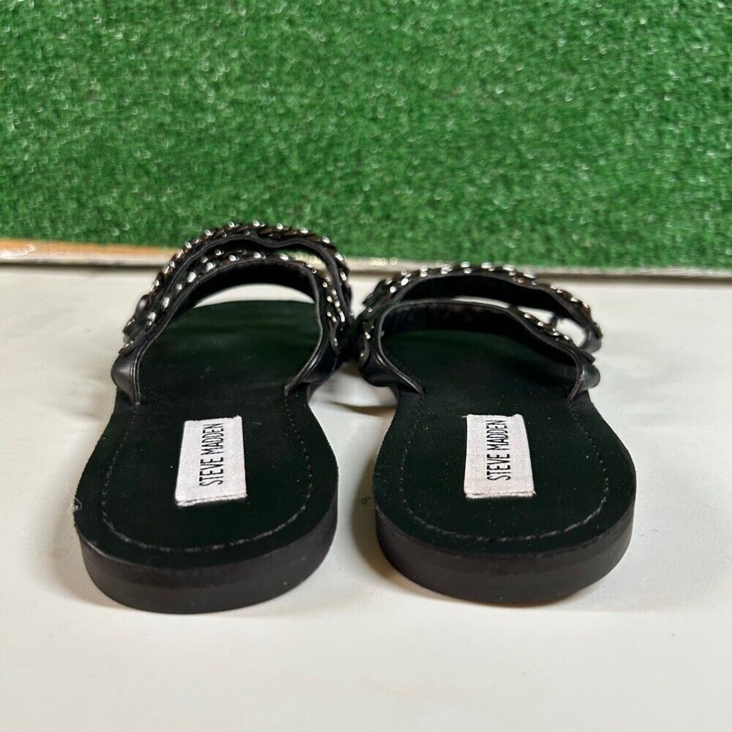 Steve Madden Edged Chain Embellished Slide Sandals Black 3 Strap Womens 7.5