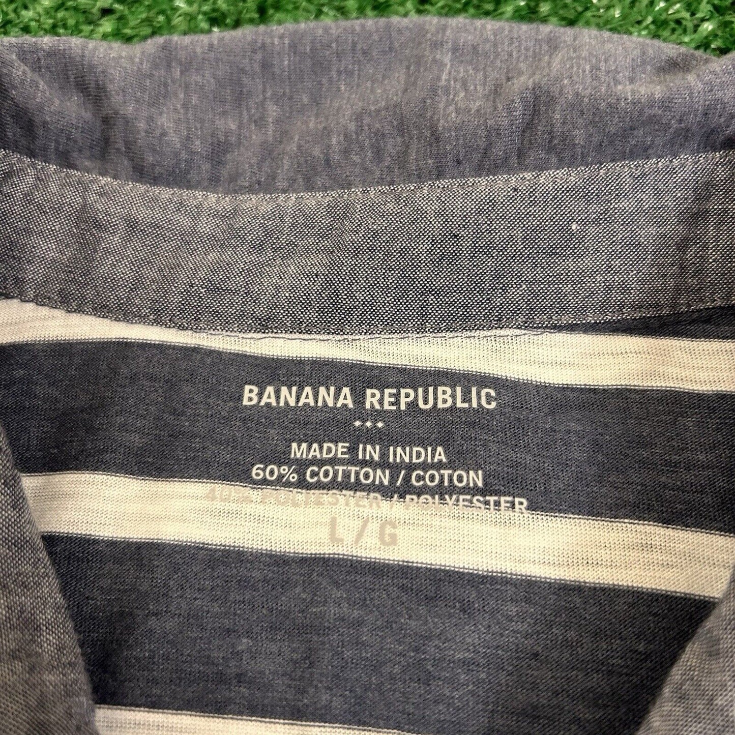 Banana Republic Polo Shirt Mens Large Blue/Gray White Striped Short Sleeve Golf