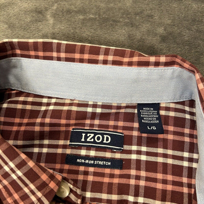 IZOD Shirt Mens Large Red White Plaid Button Up Long Sleeve Stretch Casual Work