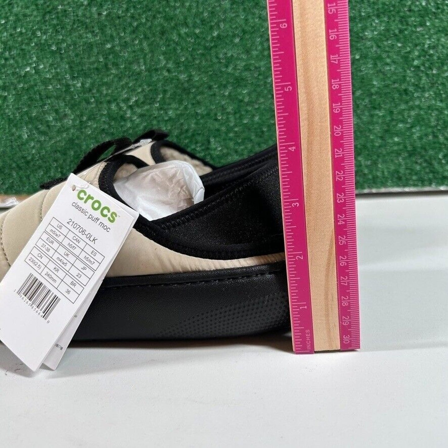 Crocs Classic Puff Mocs Beige Black Slip On Casual Comfort Shoes Womens 7 New