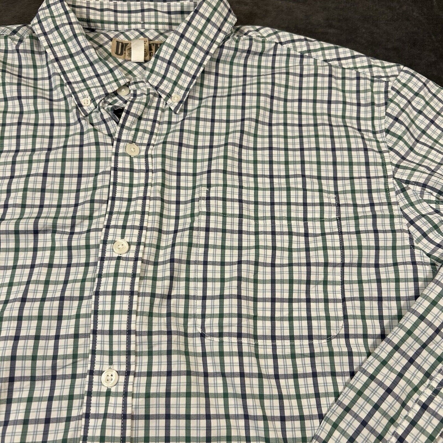 Duluth Trading Shirt Mens Extra Large White Green Check Button Up Nylon Stretch