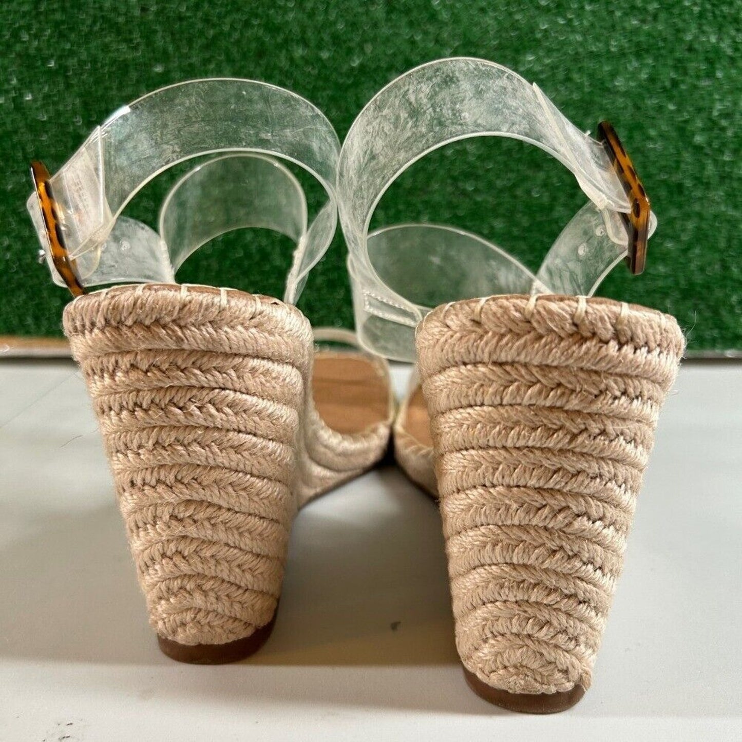 Steve Madden Uri Espadrille Wedge Sandals Clear Straps Buckle Heels Womens 10