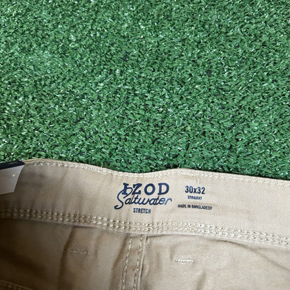 Izod Saltwater Chino Pants Men 30x32" Beige Stretch Pleated Straight Stretch NEW