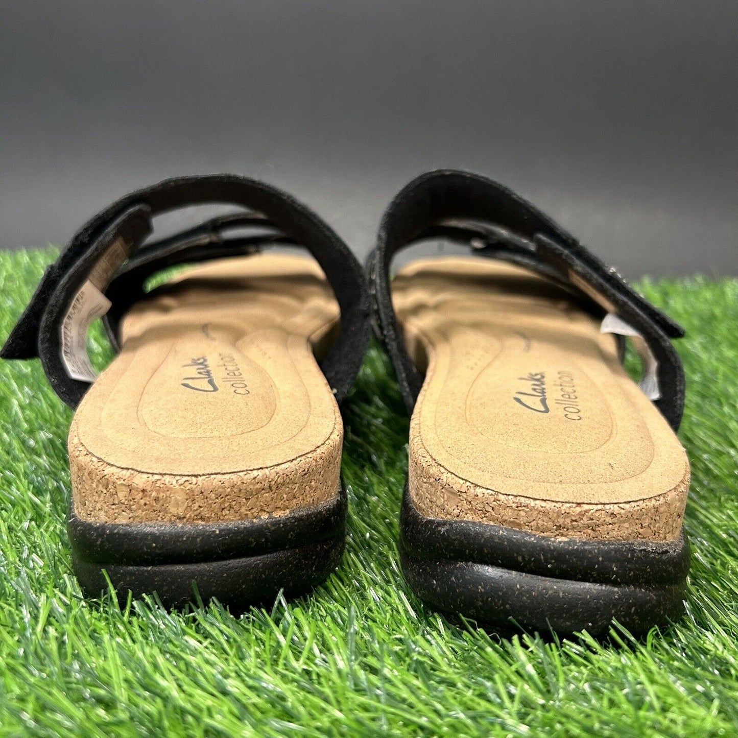 Clarks Roseville Bay Sandals Womens 9.5 M Black Slides Slip On Leather Straps