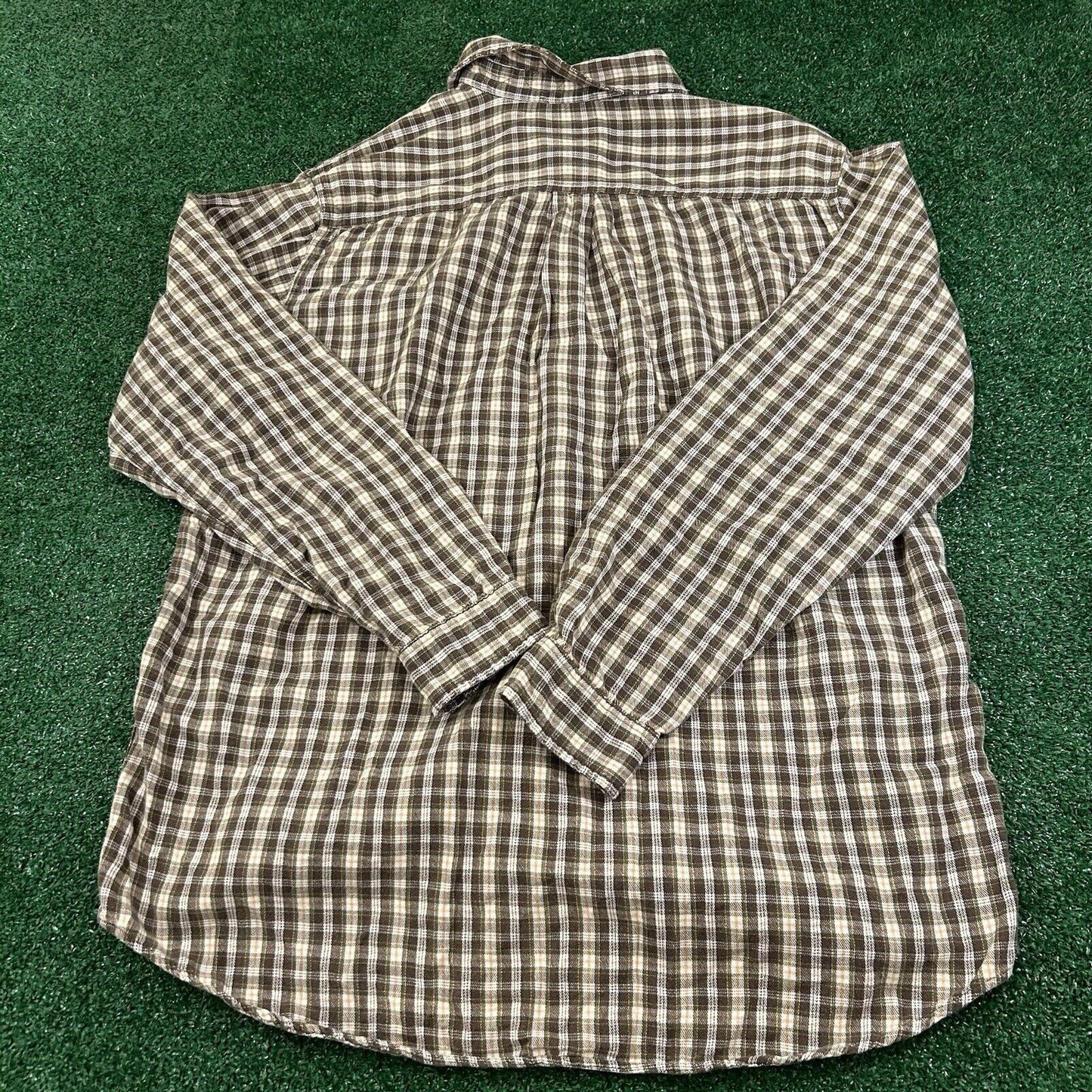 LL Bean Flannel Shirt Men Large Tall Brown Green Plaid Button Up Long Sleeve