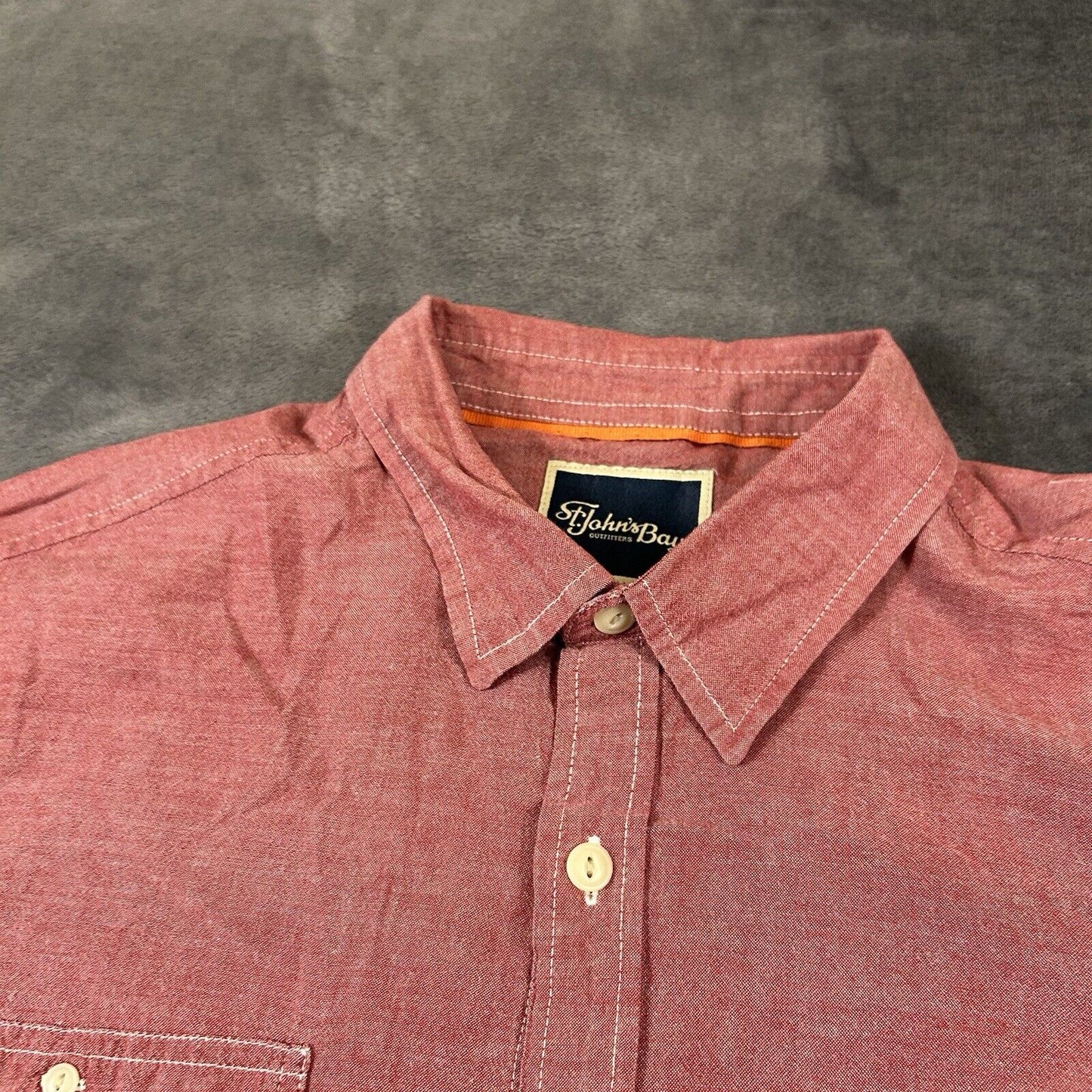 St Johns Bay Shirt Mens Large Red Button Up Short Sleeve Double Pocket Casual