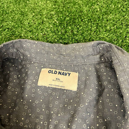 Old Navy Shirt Mens XXL 2XL Blue White Geometric Button Up Short Sleeve Flex