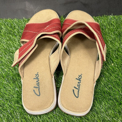 Clarks Sandals Womens 10 M Red White Slides Slip On Strappy Casual Comfort