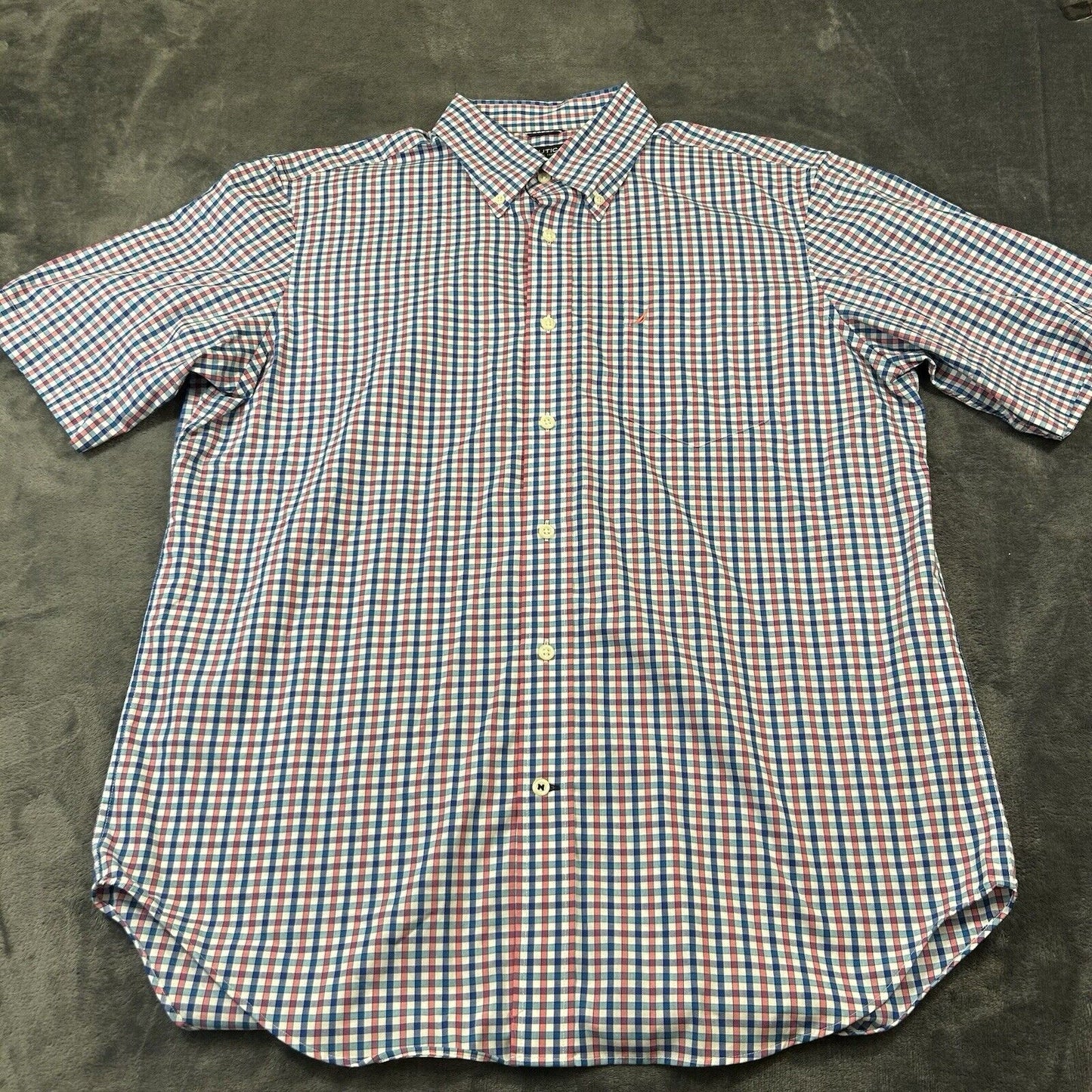 Nautica Shirt Mens Large Pink Blue White Check Button Up Short Sleeve Colorful