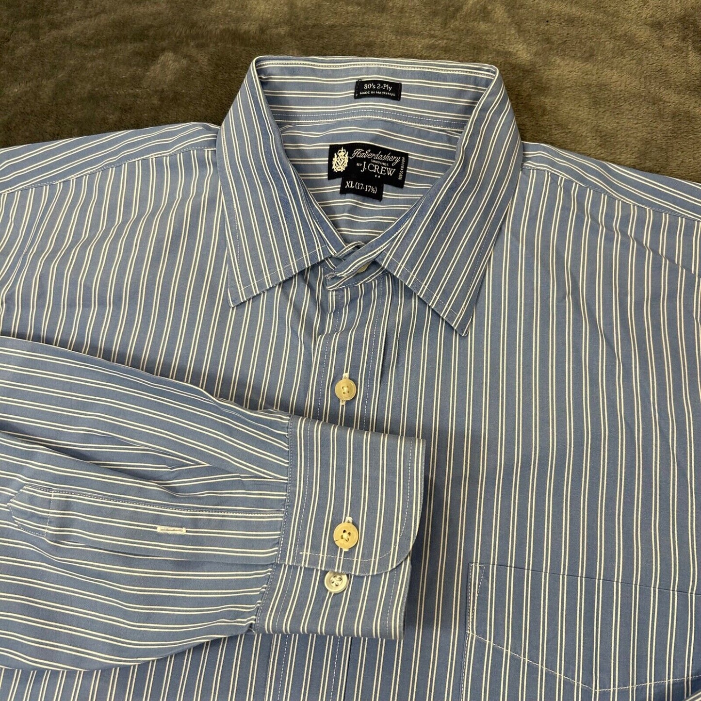 J Crew Shirt Mens Extra Large 17 17.5 Blue White Striped Button Up Long Sleeve
