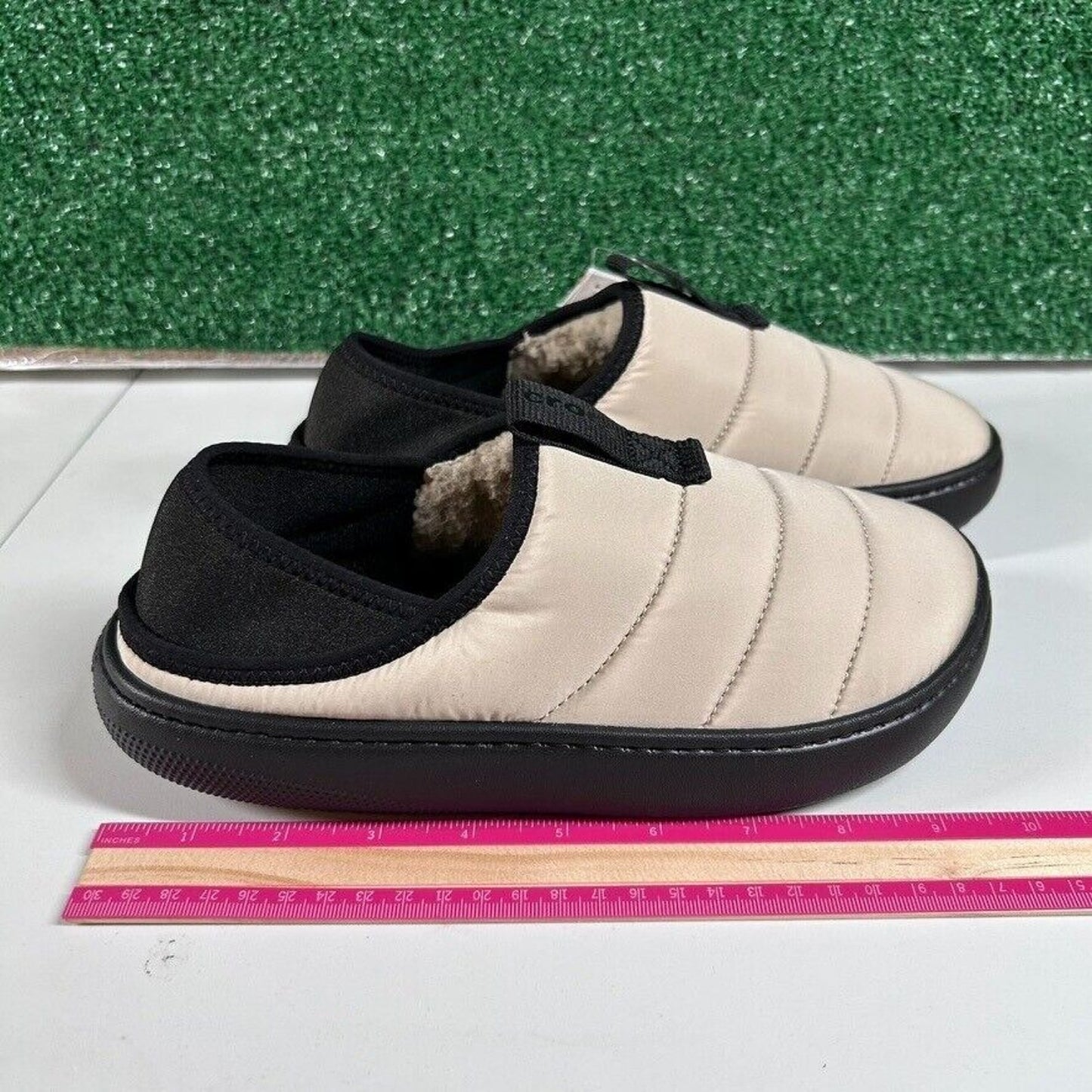 Crocs Classic Puff Mocs Beige Black Slip On Casual Comfort Shoes Womens 8 New