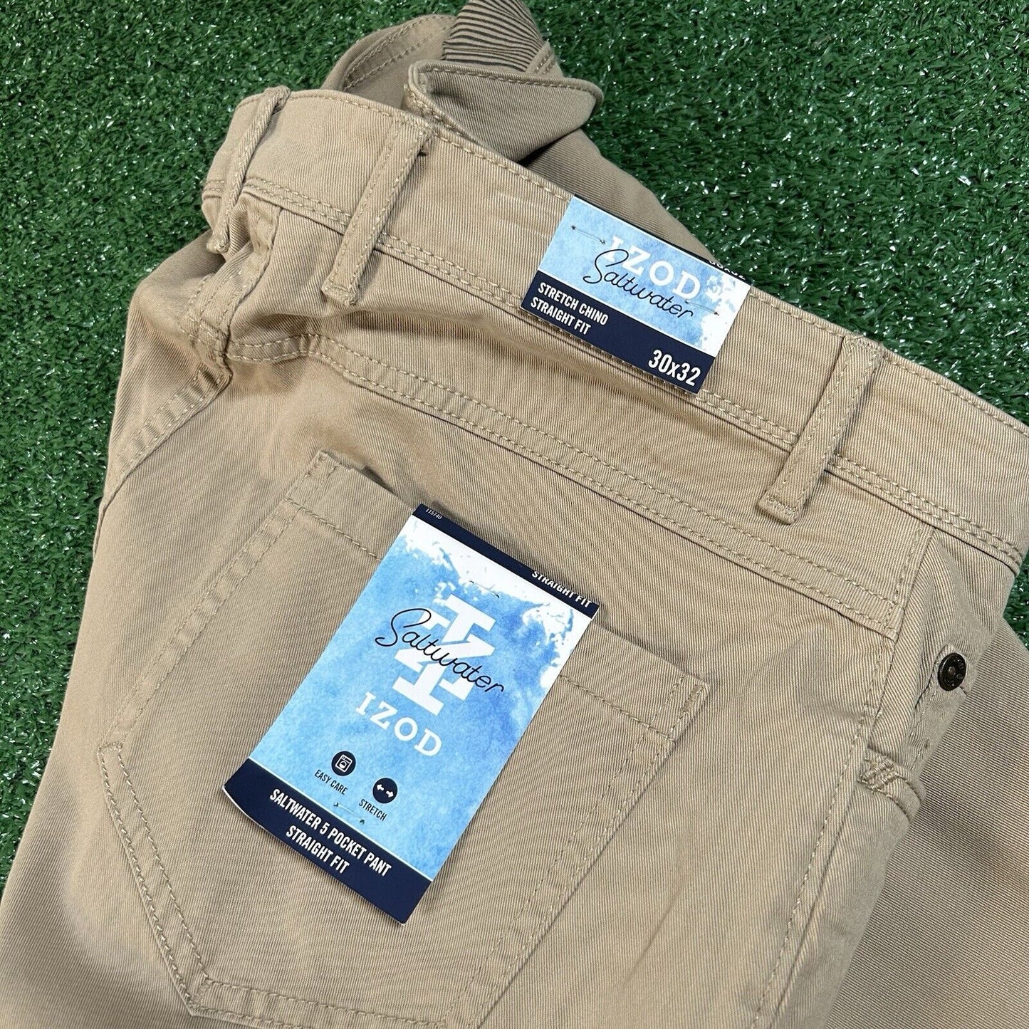 Izod Saltwater Chino Pants Men 30x32" Beige Stretch Pleated Straight Stretch NEW