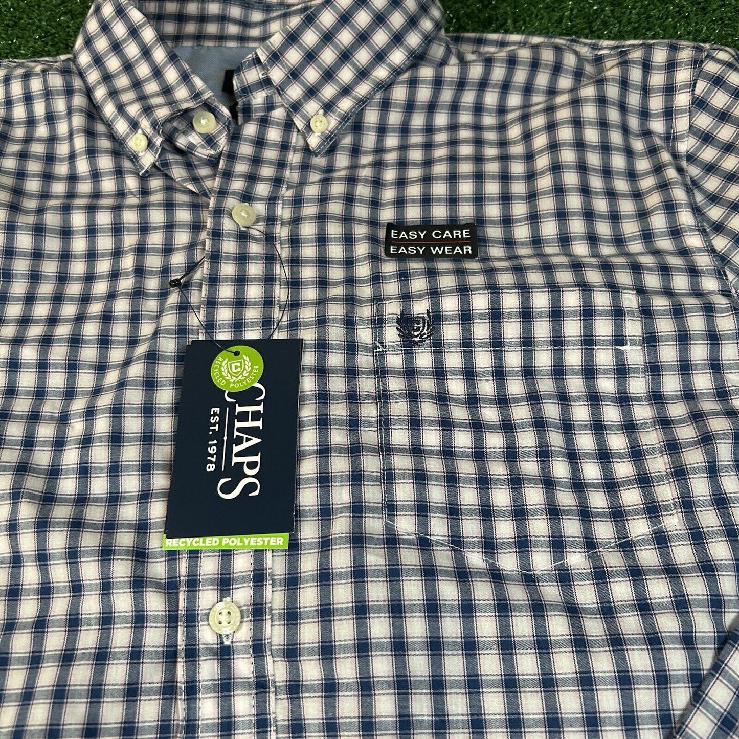 Chaps Shirt Mens Large Blue Pink Check Easy Care Button Up Long Sleeve New