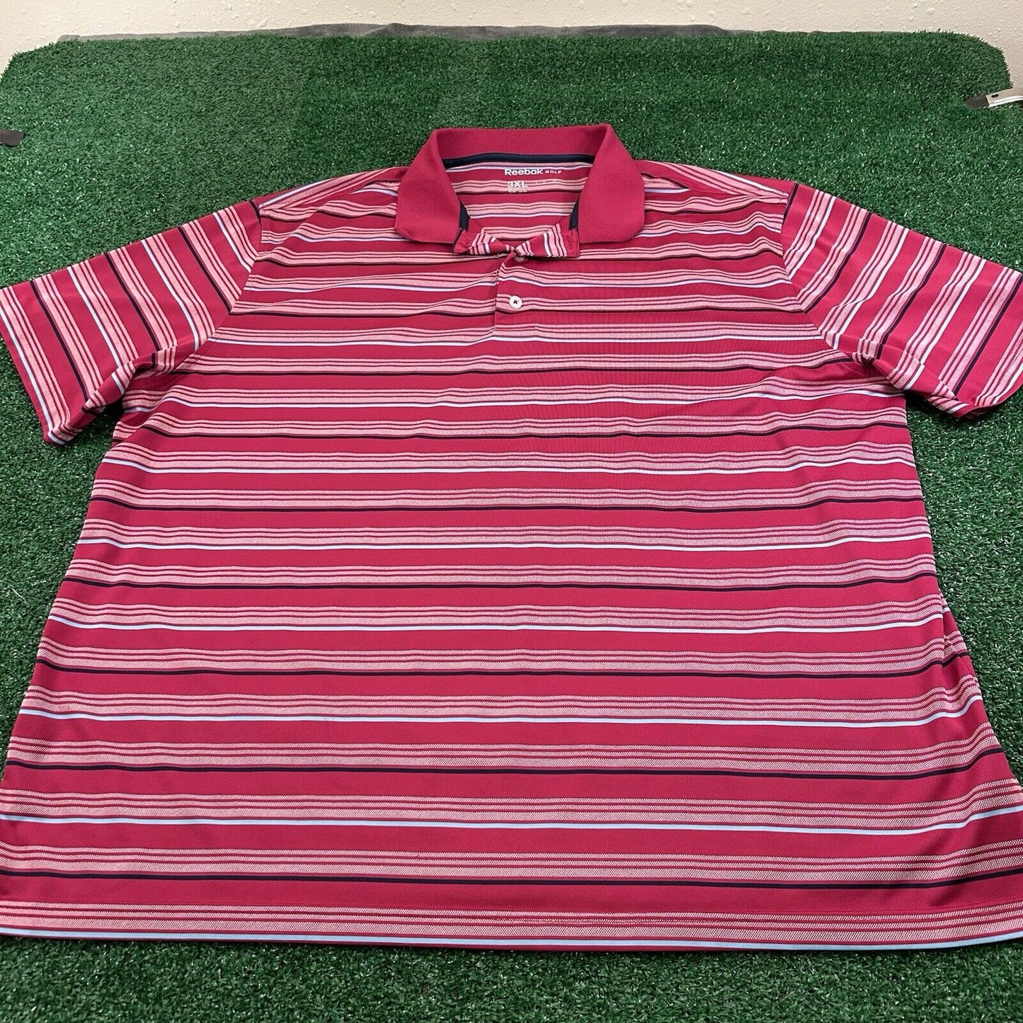 Reebok Polo Shirt Mens 3XL Pink/Red Blue Striped Short Sleeve Golf Athletic
