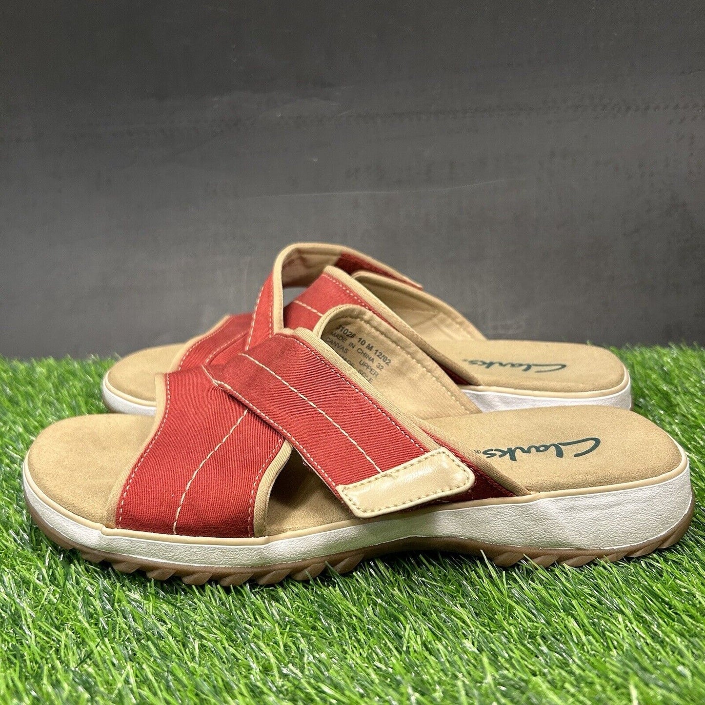 Clarks Sandals Womens 10 M Red White Slides Slip On Strappy Casual Comfort