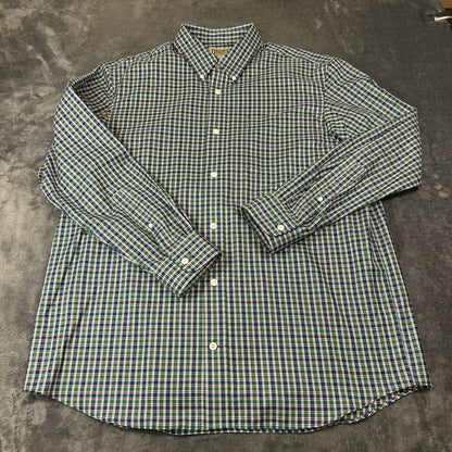 Duluth Trading Shirt Men Large Green Blue Check Button Up Long Sleeve Colorful