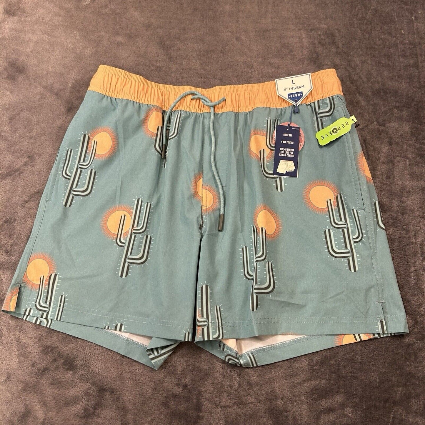 ROWM Swim Shorts Men Large 33" Green Cactus Boardies Quick Dry Drawstring NEW