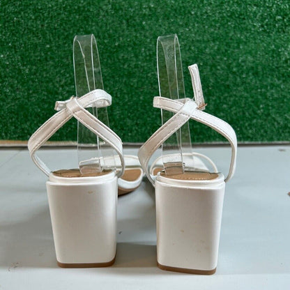 Journee Collection White Sandals Block Heel Ankle Strap Square Toe Womens 8