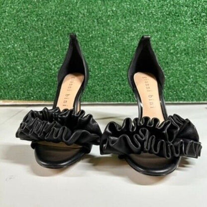 Gianni Bini Black Dress Sandal Ruffle Detail Heels Party Shoes Slip On Womens 8M