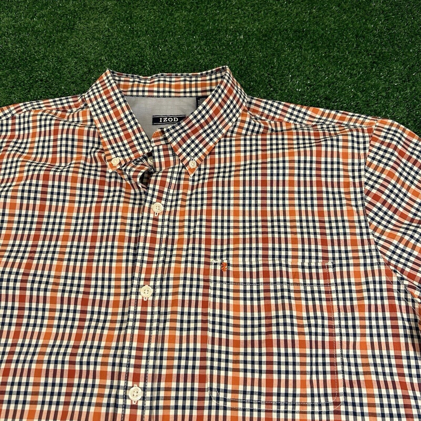Izod Shirt Mens Extra Large Orange Blue Check Button Up Short Sleeve Colorful