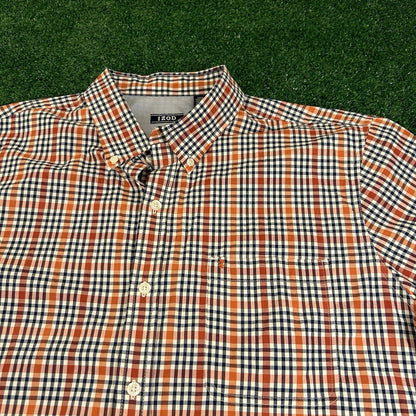 Izod Shirt Mens Extra Large Orange Blue Check Button Up Short Sleeve Colorful