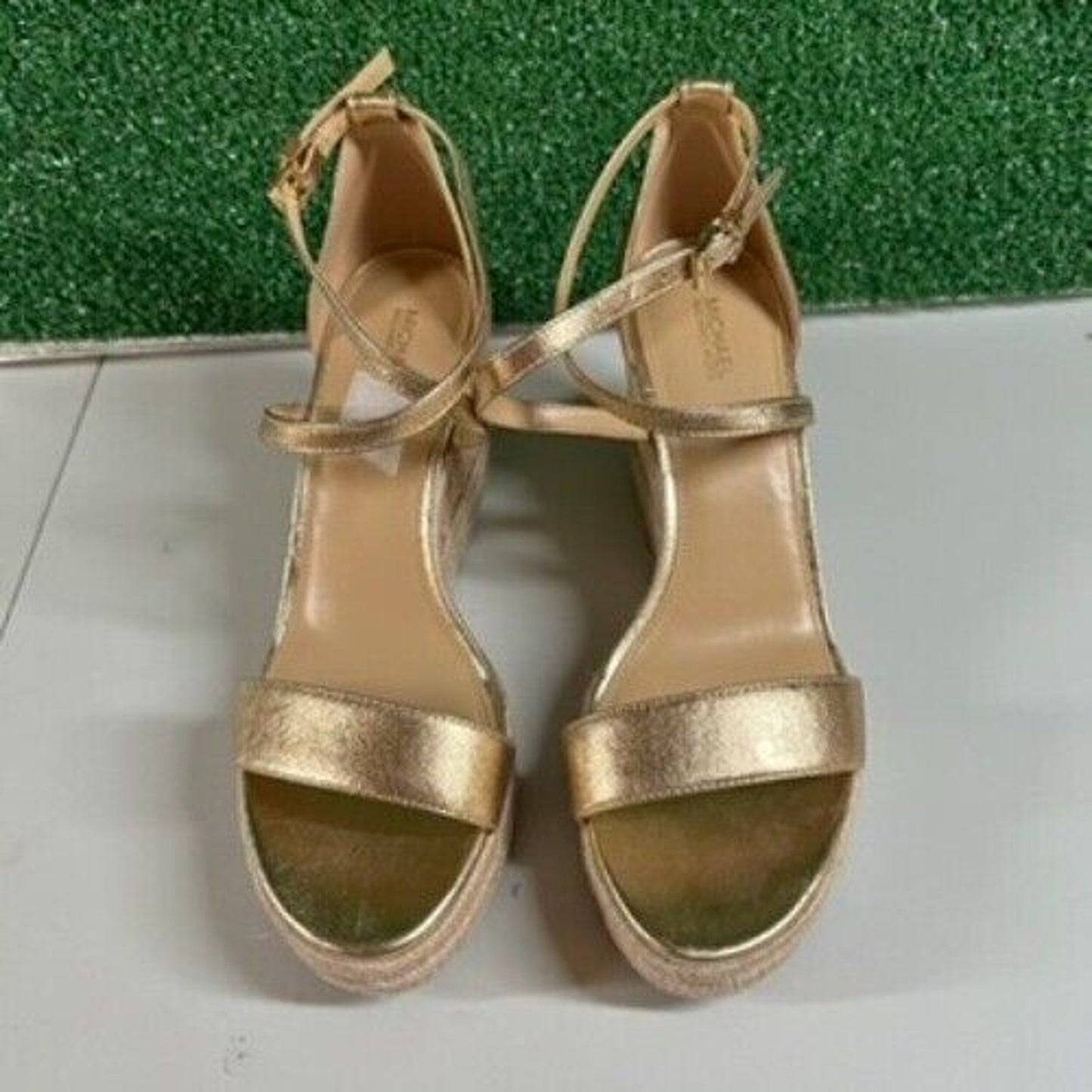 Michael Kors Kayla Metallic Leather Rhinestone Espadrille Wedge Sandals Women 10