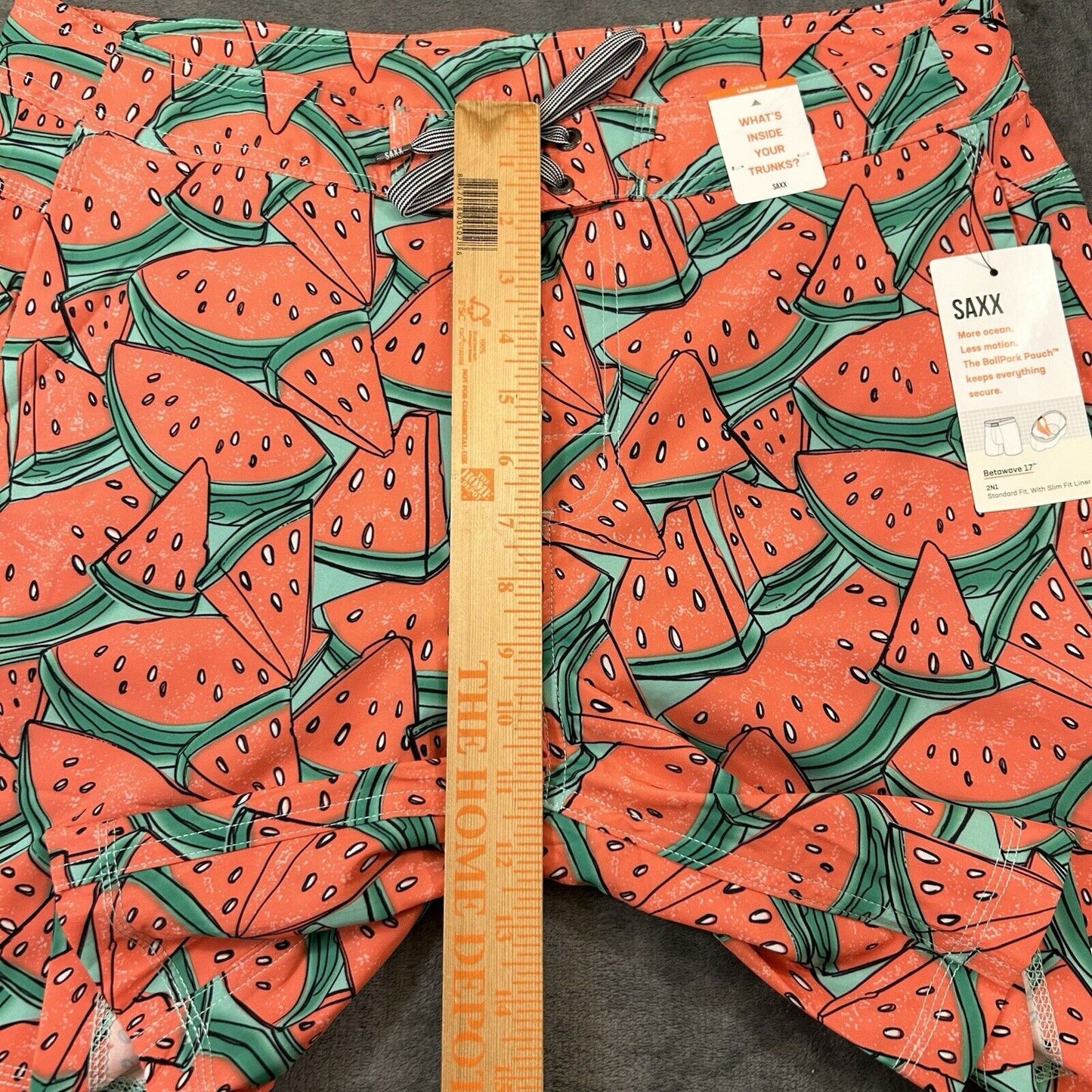 SAXX Betawave 2N1 Board Shorts Men 34" Red Watermelon AOP Drawstring Swim NEW