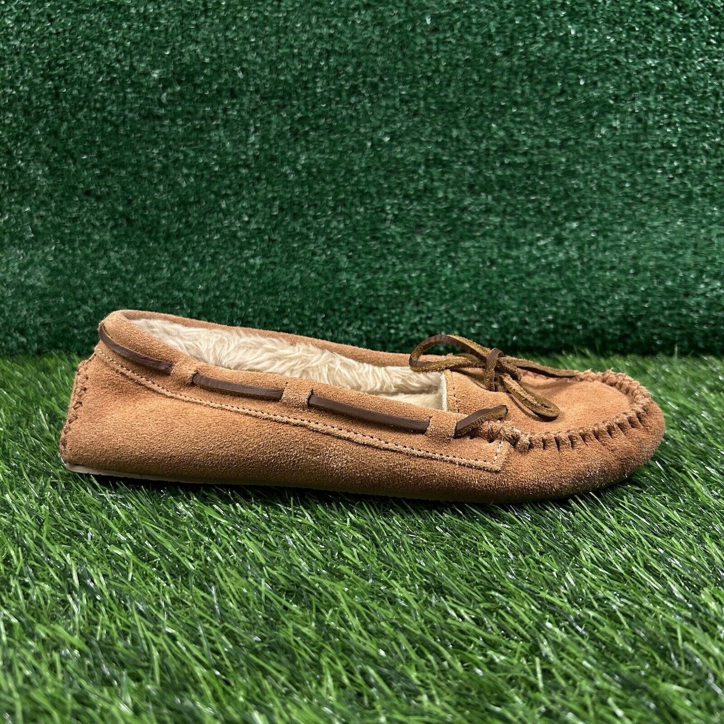 Minnetonka Moccasins Womens 8 M Brown Leather Suede Shoes Slipper Fur Lined