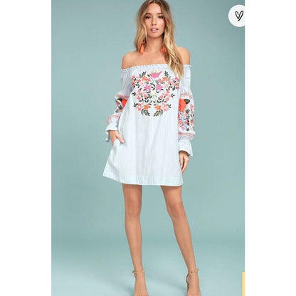 Free People Dress Womens Extra Small Light Blue Fleur Du Jour Embroidered Floral