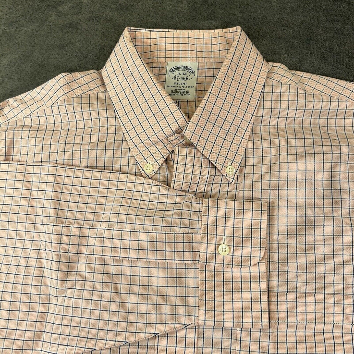 Brooks Brothers Shirt Mens 16 35 Pink Blue Check Button Up Long Sleeve Regent