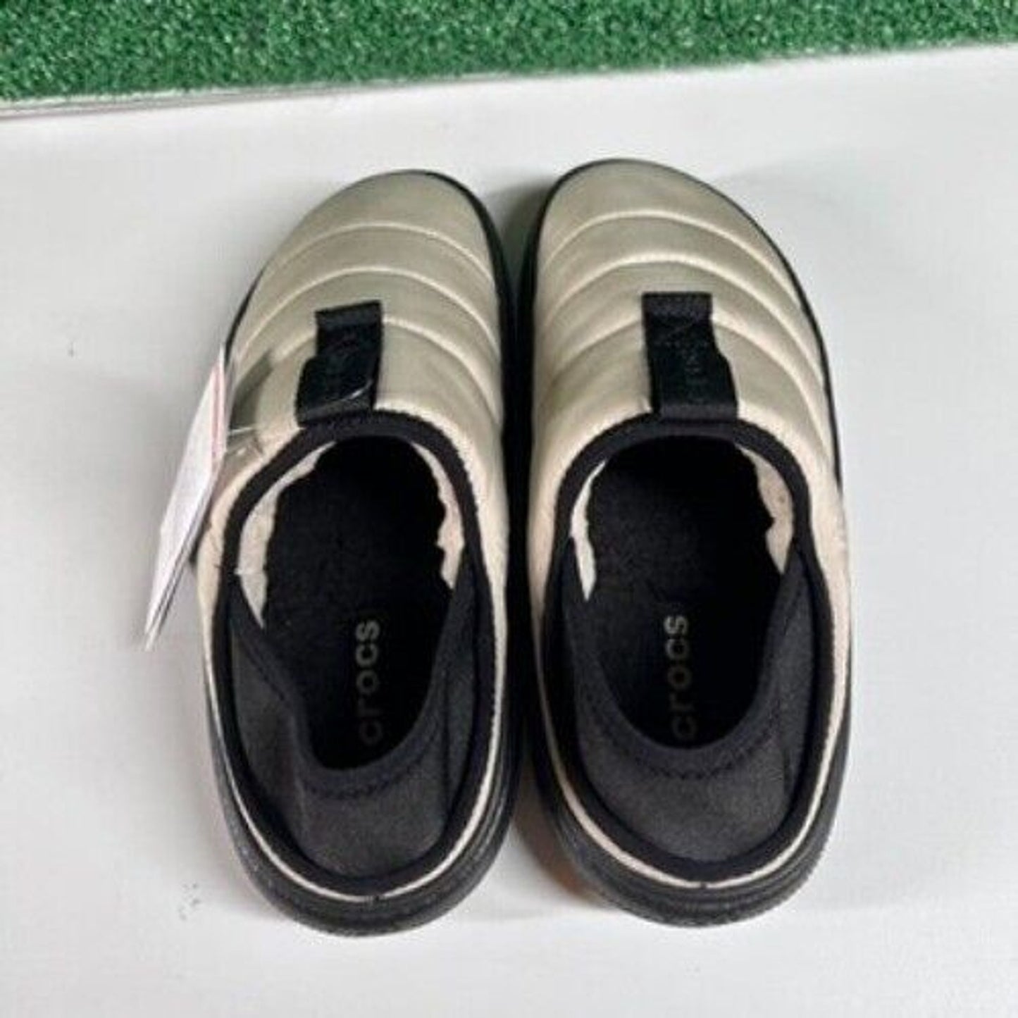 Crocs Classic Puff Mocs Beige Black Slip On Casual Comfort Shoes Womens 8 New