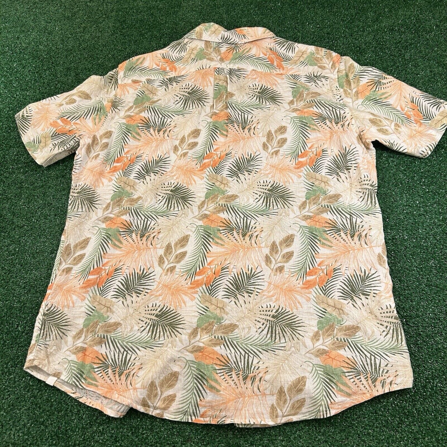 Chaps Hawaiian Shirt Men Large Orange Beige Floral Button Up Seacoast Wash Linen