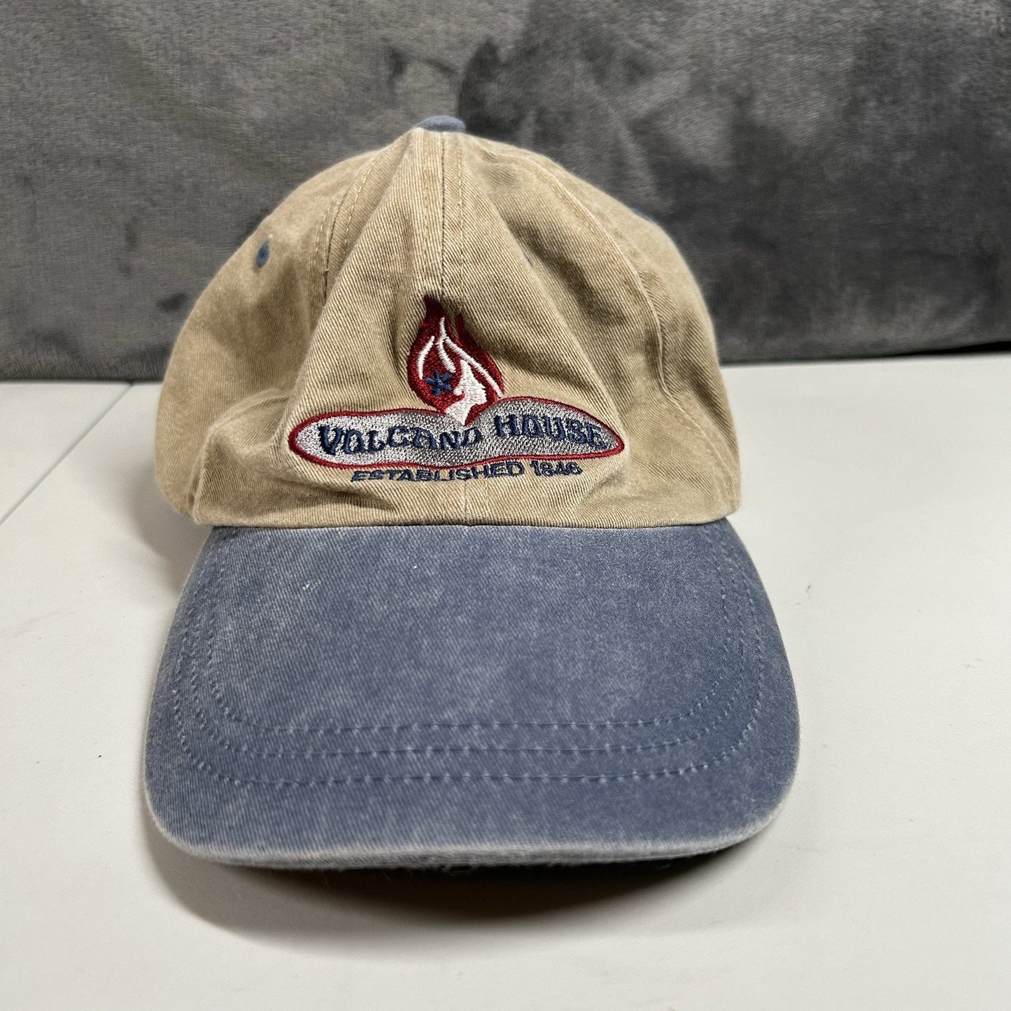 Volcano House Baseball Hat Cap Mens Strap Back Brown Blue Vintage Adjustable
