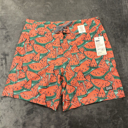SAXX Betawave 2N1 Board Shorts Men 34" Red Watermelon AOP Drawstring Swim NEW