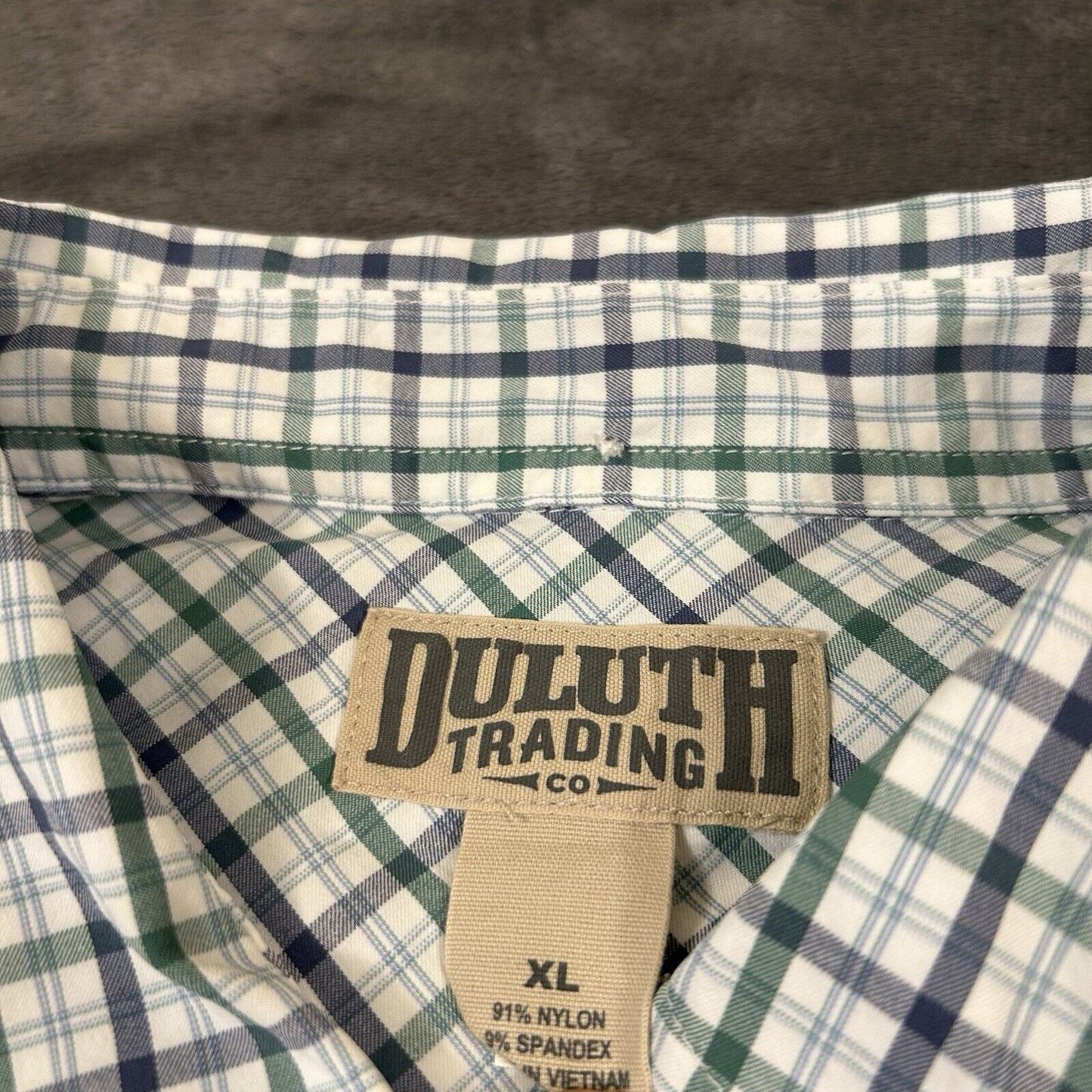Duluth Trading Shirt Mens Extra Large White Green Check Button Up Nylon Stretch