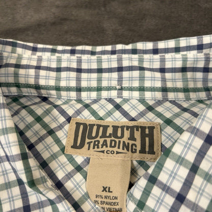 Duluth Trading Shirt Mens Extra Large White Green Check Button Up Nylon Stretch