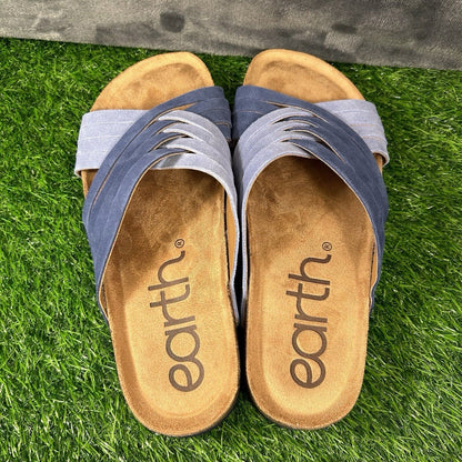 Earth Sandals Womens 9 M Blue Suede Slides Crossband Slip On Casual Comfort