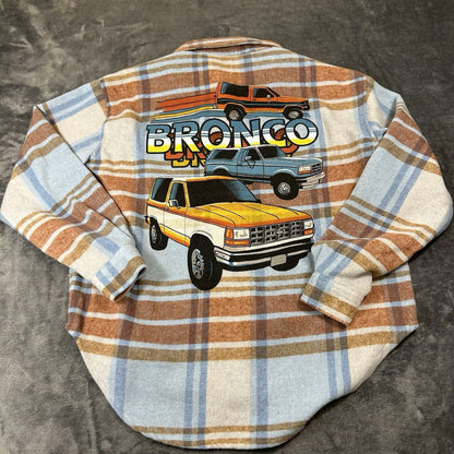 Ford Bronco Flannel Shirt Womens Extra Small Blue Plaid Button Up Long Sleeve