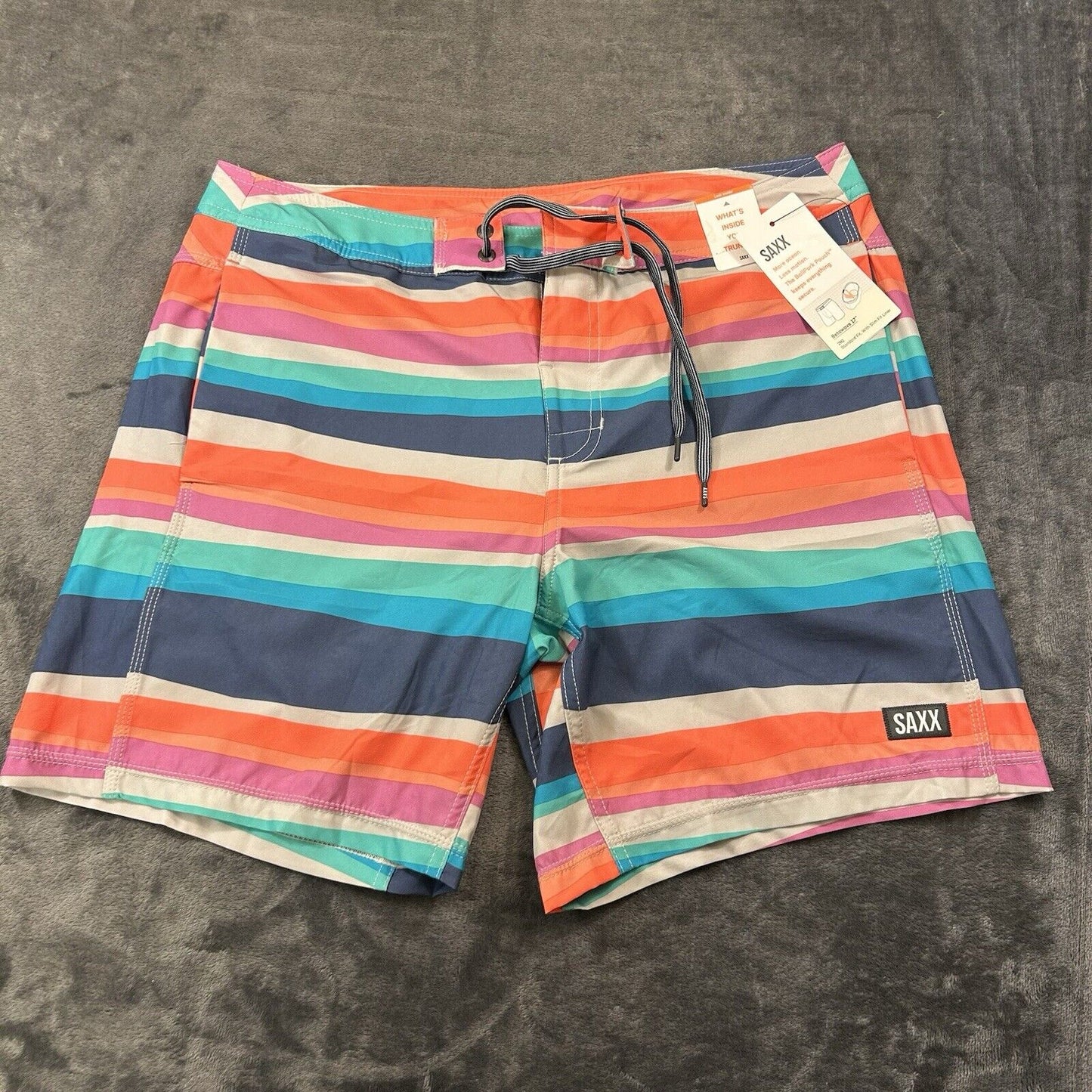 SAXX Betawave 2N1 Board Shorts Men 34" Orange Blue Striped Drawstring Swim NEW