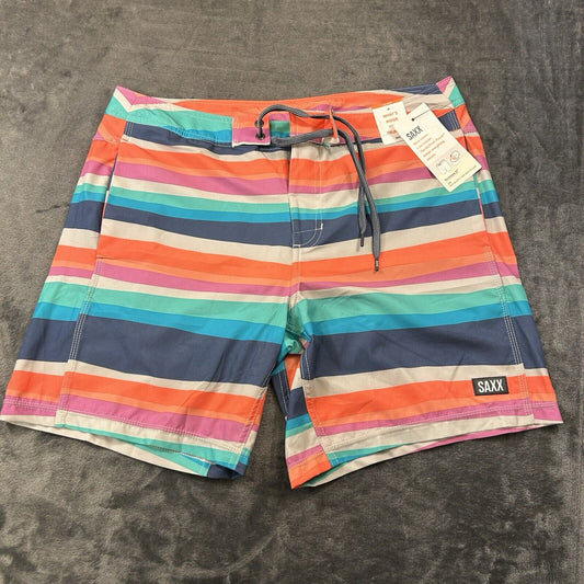 SAXX Betawave 2N1 Board Shorts Men 34" Orange Blue Striped Drawstring Swim NEW