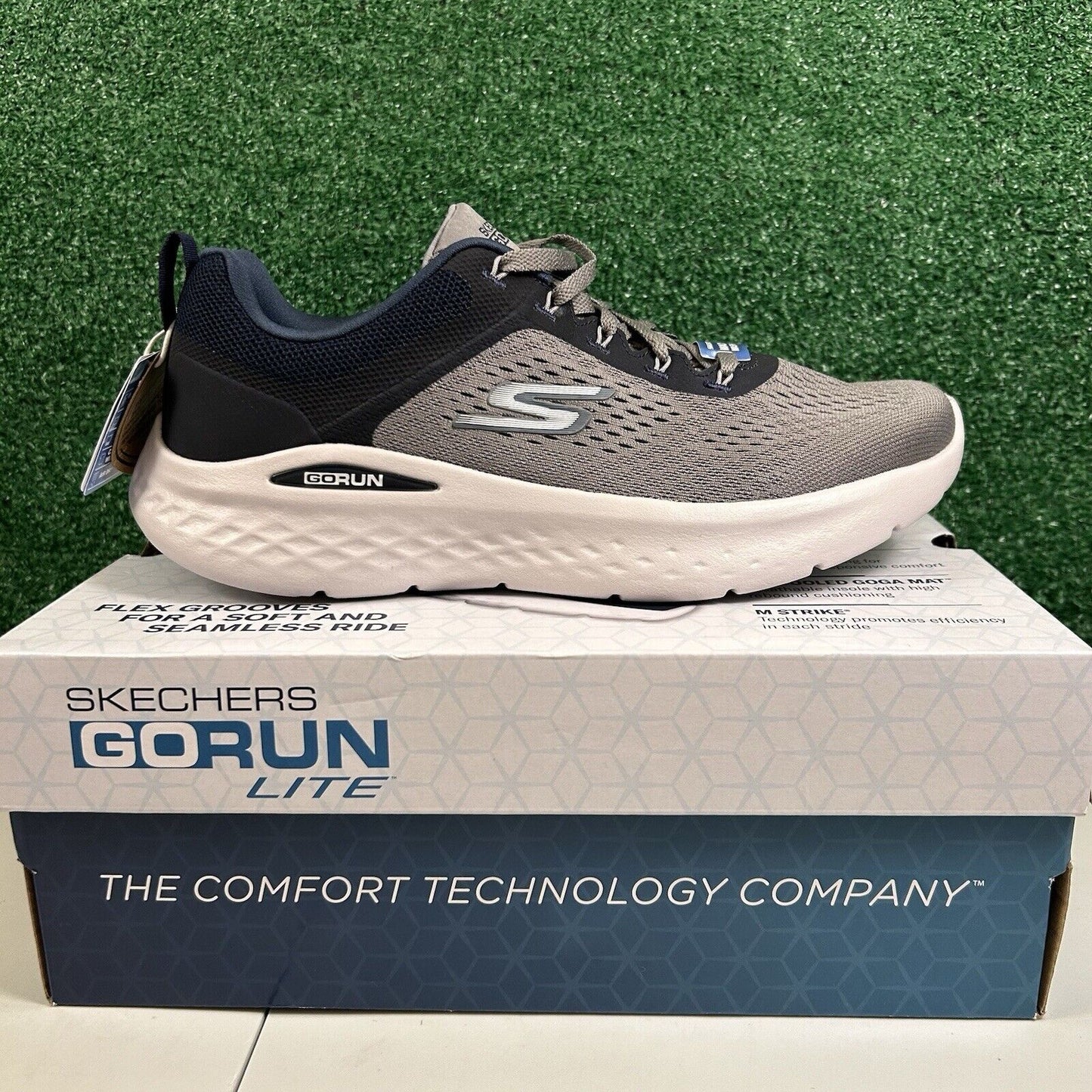 Skechers Go Run Lite Mens 9.5 Gray Navy Shoes Sneaker Athletic Comfort NEW