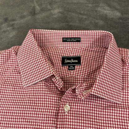 Neiman Marcus Shirt Mens 16.5 32.33 Red White Houndstooth Button Up Long Sleeve