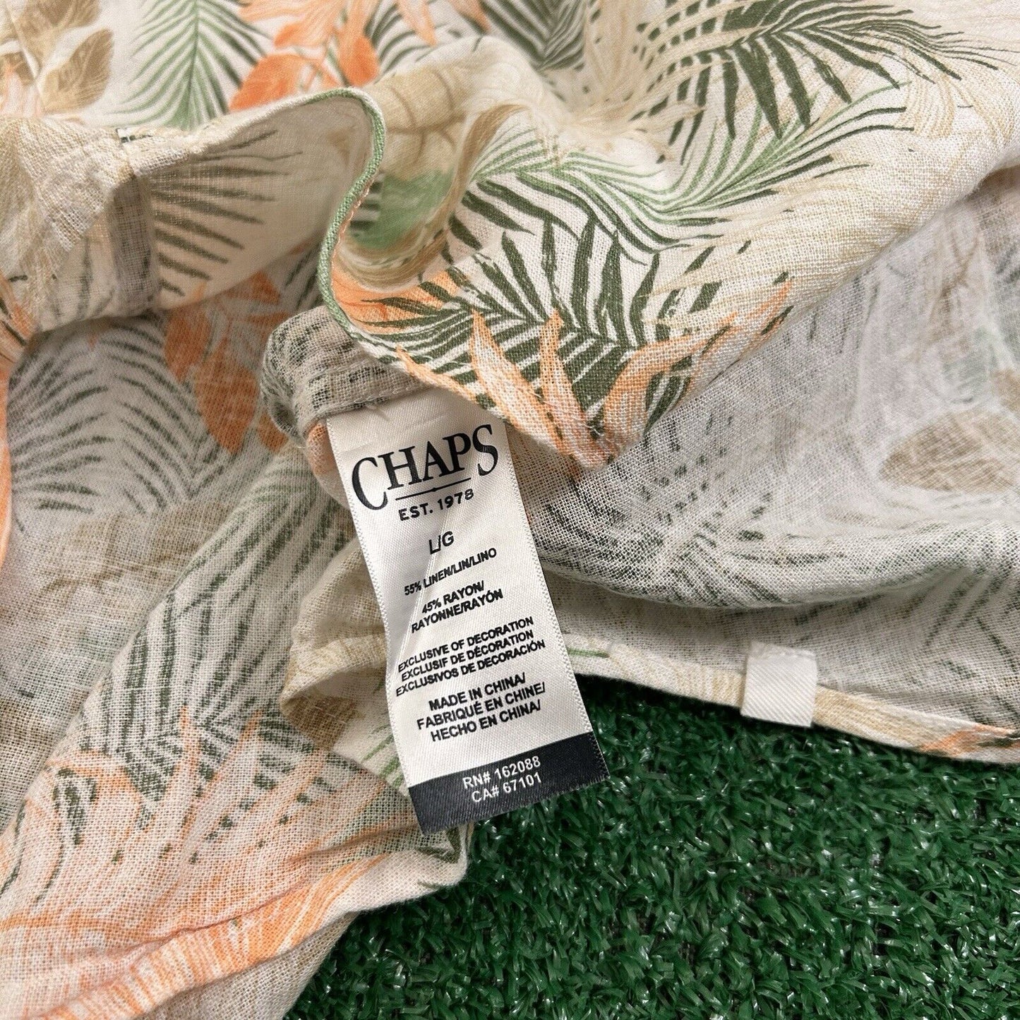 Chaps Hawaiian Shirt Men Large Orange Beige Floral Button Up Seacoast Wash Linen