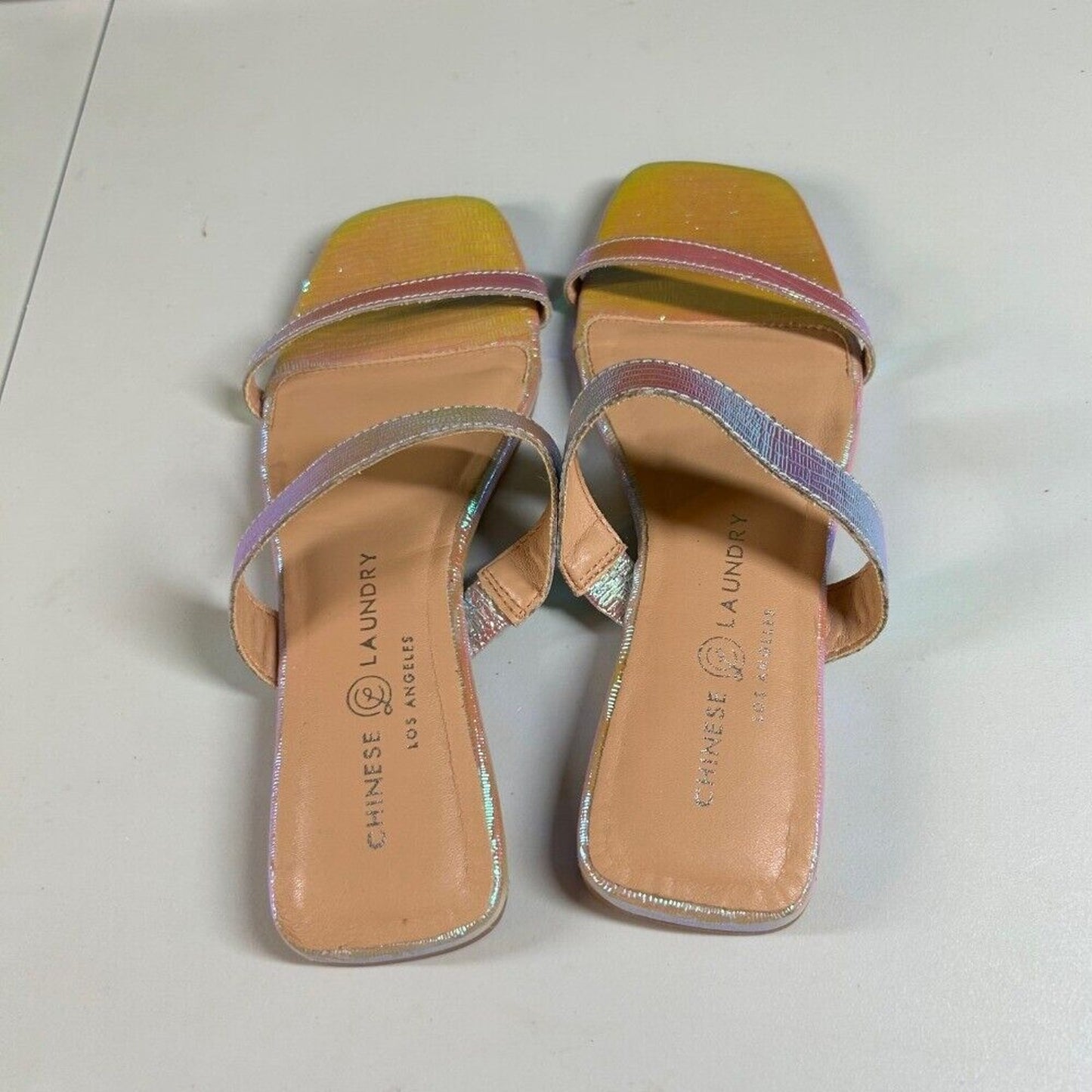 Chinese Laundry Iridescent Pink Slide Sandals Square Toe Two Strap Womens 6.5