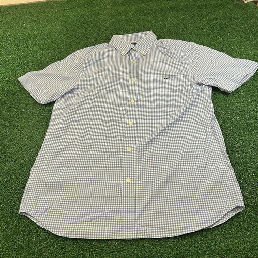 Vineyard Vines On the Go Performance Shirt Mens Small Blue White Check Button Up