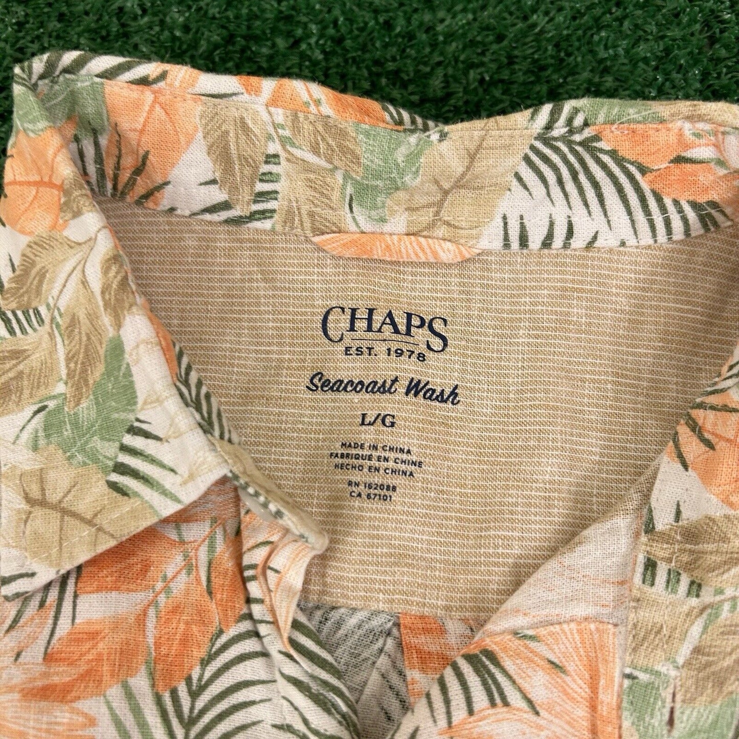 Chaps Hawaiian Shirt Men Large Orange Beige Floral Button Up Seacoast Wash Linen