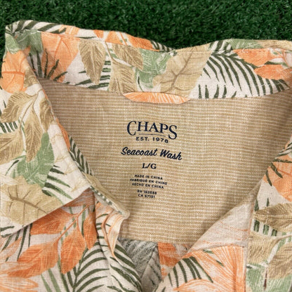 Chaps Hawaiian Shirt Men Large Orange Beige Floral Button Up Seacoast Wash Linen