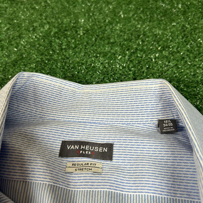 Van Heusen Shirt Men 18.5 34/35 Blue White Striped Stretch Button Up Long Sleeve