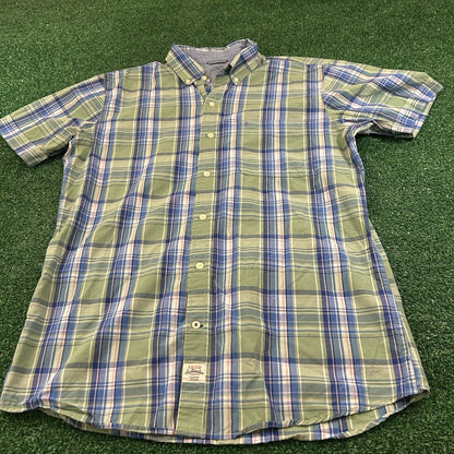 Izod Saltwater Shirt Mens Medium Green Blue Plaid Relaxed Button Up Short Sleeve