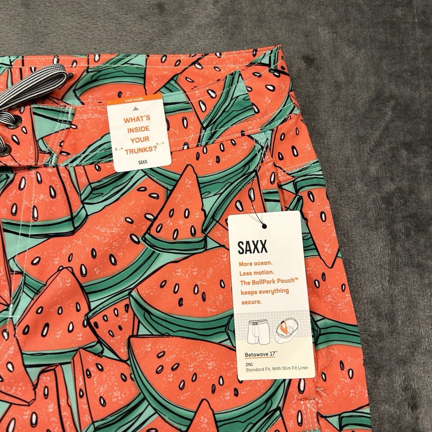 SAXX Betawave 2N1 Board Shorts Men 34" Red Watermelon AOP Drawstring Swim NEW